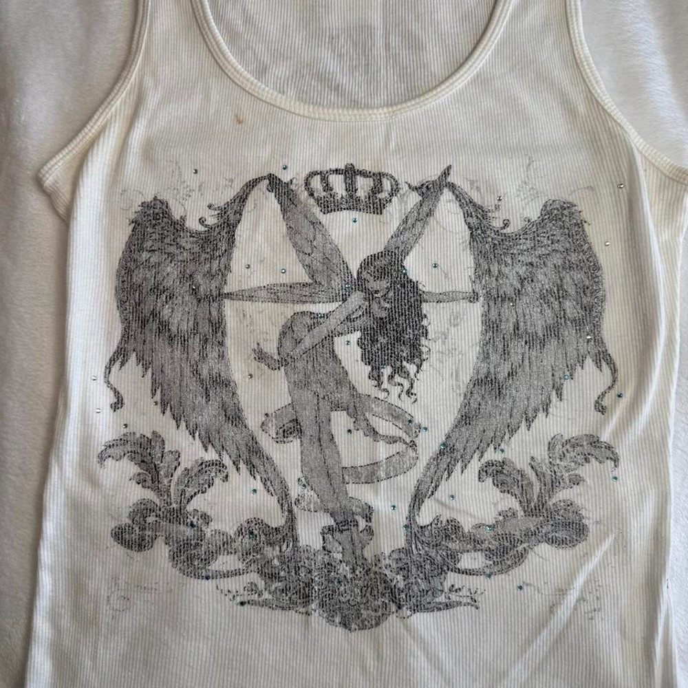 Angel wing cross graphic rhinestone tank top y2k vintage grunge skater - Picture 3 of 6